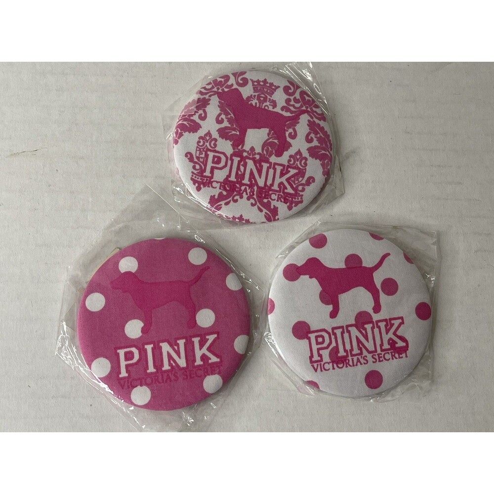 Victoria’s Secret Pink Lot Of 3 Rare HTF Round Dog Button Mirrors Collectible VS